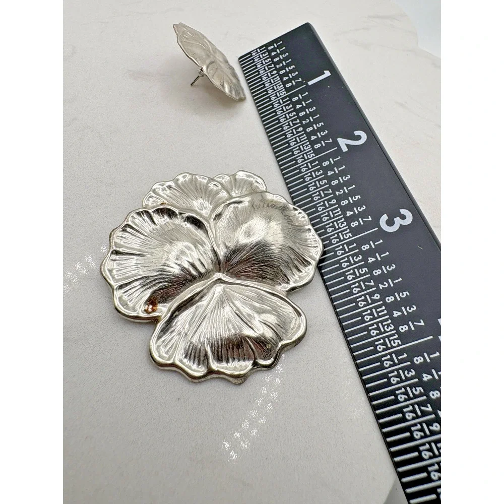 Set Earrings Brooch Pin Vintage Sterling Silver Repousse Pansy Flowers 14.26g